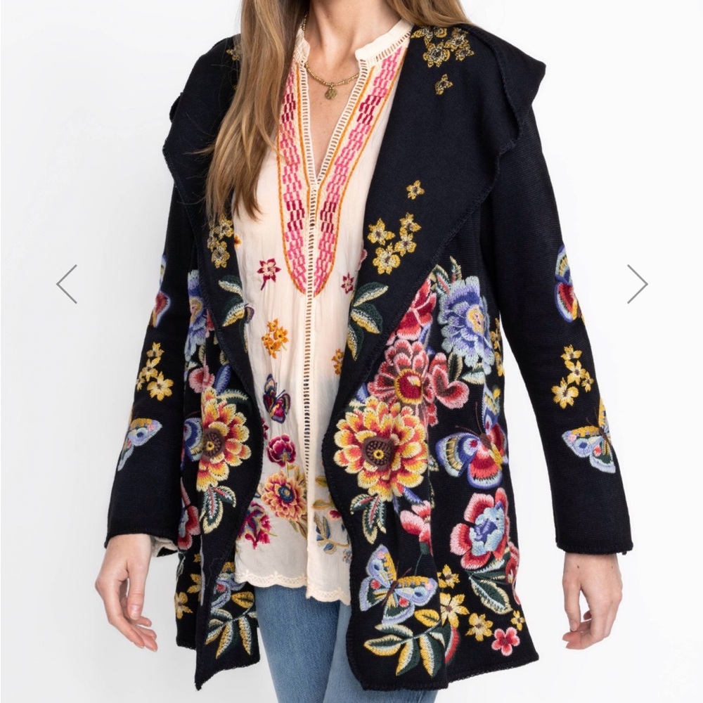 Johnny Was Black Floral Embroidered Cardigan